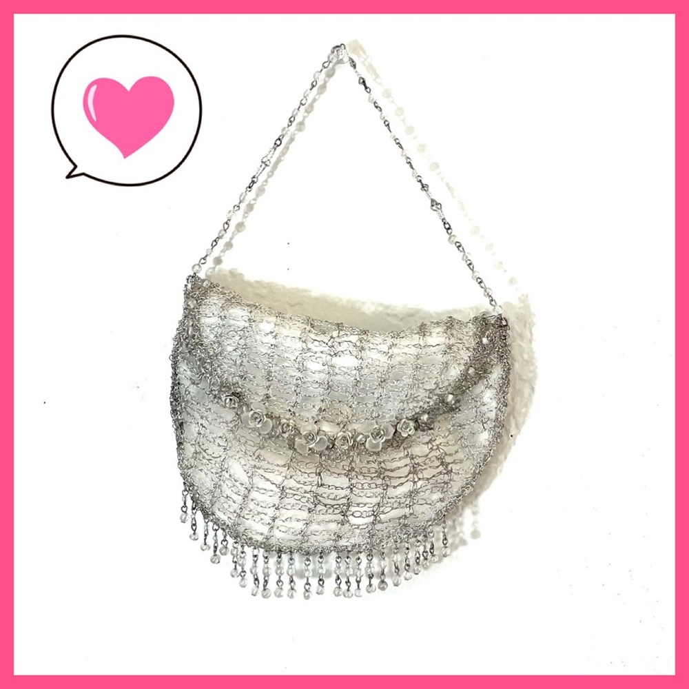 Lisa Toland silver mesh white beaded bag vintage